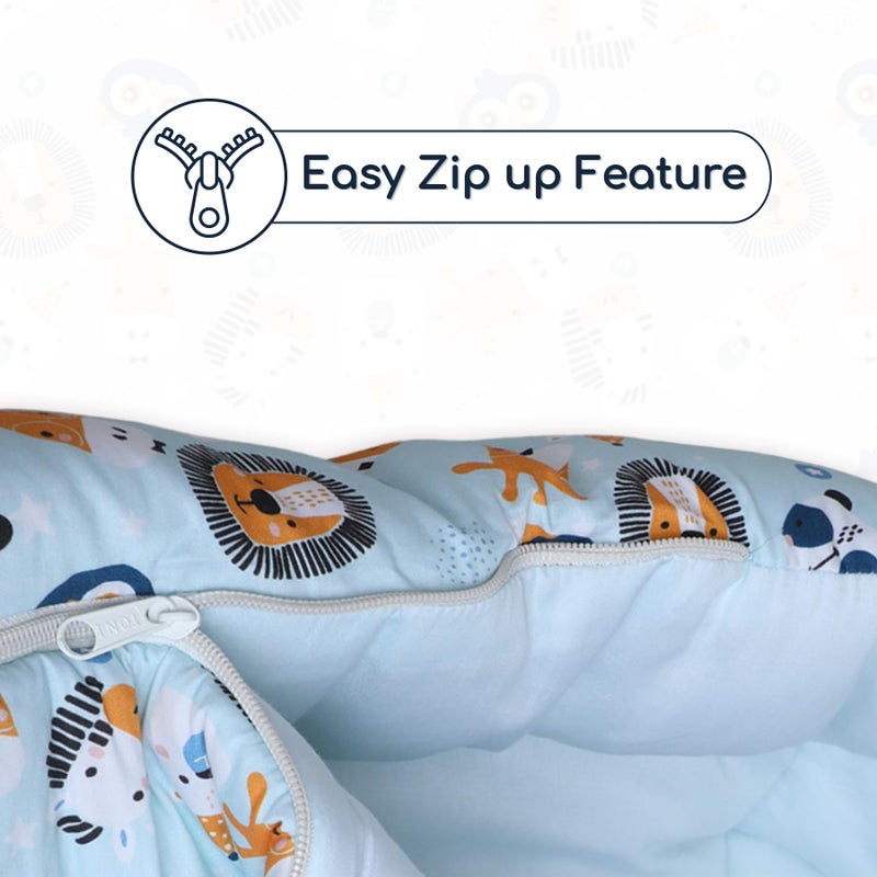 POLKA TOTS Lion Printed Cotton Sateen Bow Baby Sleeping Bag Cum Baby Nest- Breathable Fabric for 0-6 Months, Travel-Friendly Newborn Sleeping Solution, Safe for Year-Round Use (Blue, 65X35X12cm) - Image 4