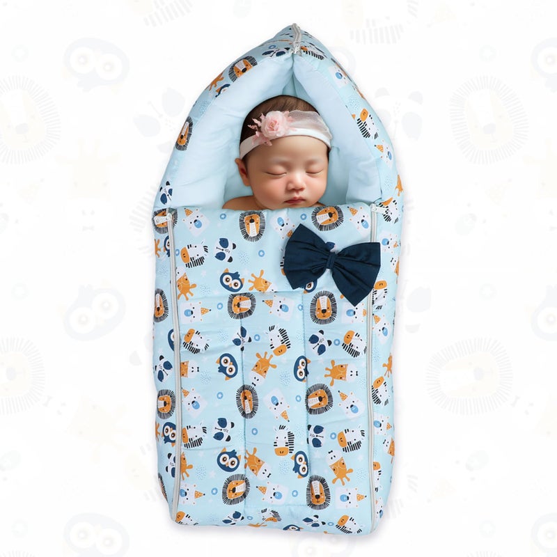 POLKA TOTS Lion Printed Cotton Sateen Bow Baby Sleeping Bag Cum Baby Nest- Breathable Fabric for 0-6 Months, Travel-Friendly Newborn Sleeping Solution, Safe for Year-Round Use (Blue, 65X35X12cm) - Image 1