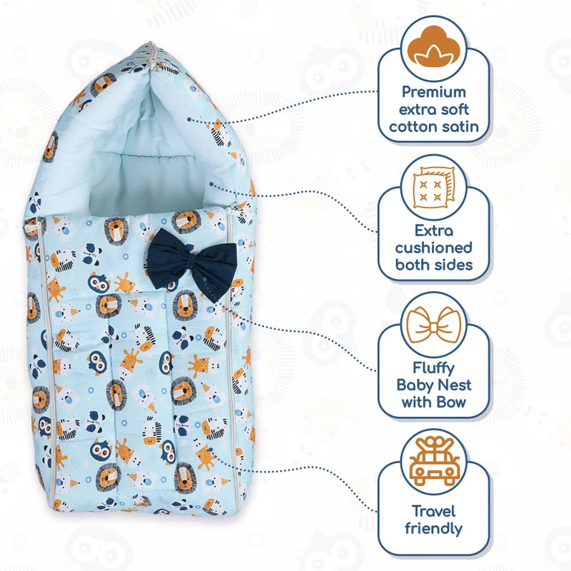 POLKA TOTS Lion Printed Cotton Sateen Bow Baby Sleeping Bag Cum Baby Nest- Breathable Fabric for 0-6 Months, Travel-Friendly Newborn Sleeping Solution, Safe for Year-Round Use (Blue, 65X35X12cm) - Image 2