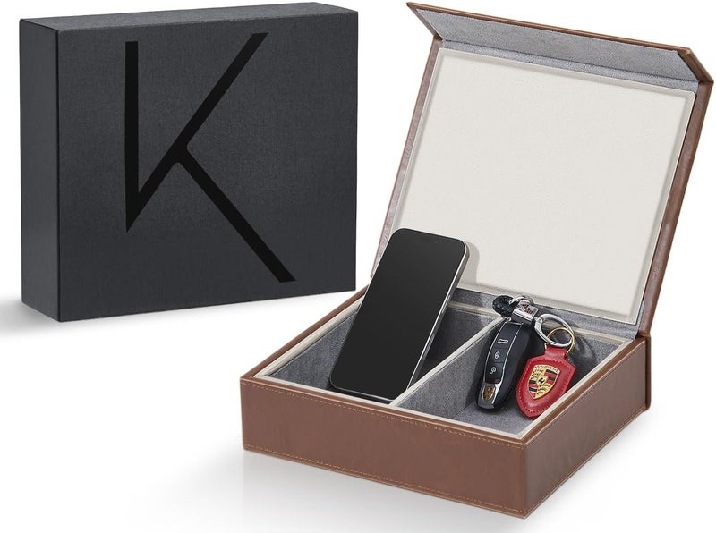 KENARK KK7 PLUS-BR Faraday Key Fob Protector Box with 2 Slots, RFID Signal Blocking Shielding Box for Car Keys, Anti-Theft Vintage Faraday Cage with High-Grade Protein Leather, Brown - Size: XL - Image 1
