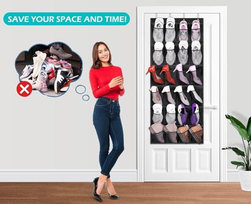 MISSLO رف أحذية MISSLO فوق الباب مع 24 جيب شبكي كبير مقاس 13 منظم أحذية معلق قوي لحفظ الأحذية في الخزانة، أسود - Image 5