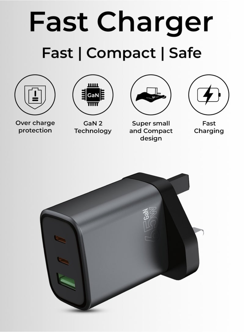 Glassology 3 Port C+ A 65W Fast Charging Adapter Compact Lightweight Flame Retardant PC Model GCH33B - Image 2