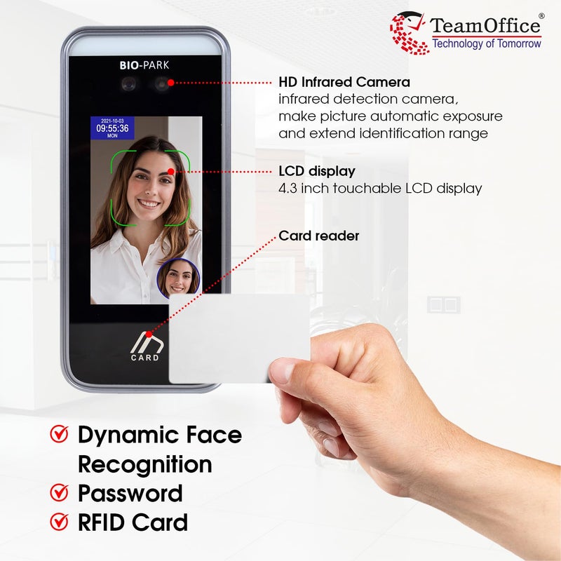 Team Office جهاز حضور يعتمد على الذكاء الاصطناعي للتعرف الديناميكي على الوجوه من فريق مكتب BioPark D01 مع برنامج حضور قائم على السحابة FaceLanWiFi - Image 3