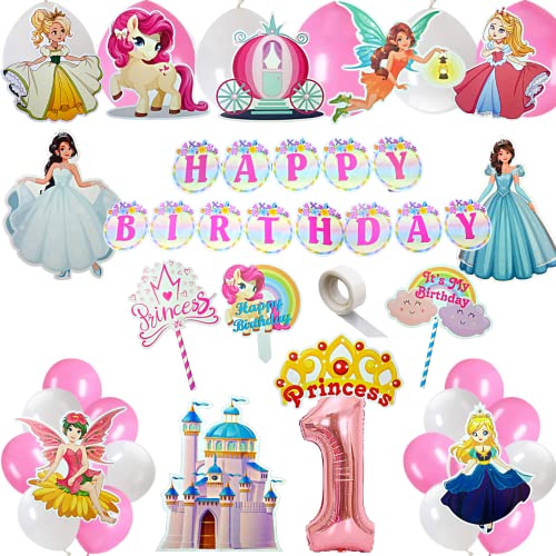 FI - FLICK IN 49 pcs 1st Birthday Decoration for Girls Car Castle Cutouts Metallic Balloons Princess First Birthday Decorations Girl Number 1 Foil Balloon (Pack of 49, Pink) - Image 1