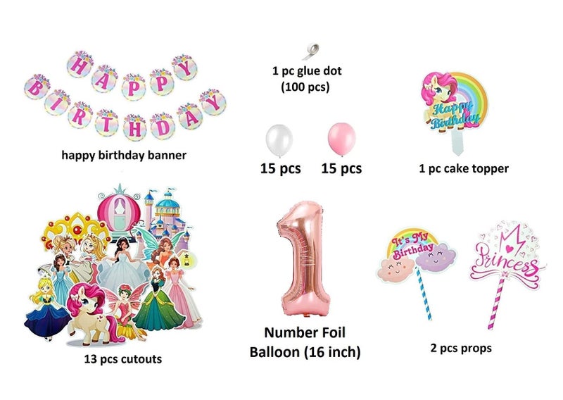 FI - FLICK IN 49 pcs 1st Birthday Decoration for Girls Car Castle Cutouts Metallic Balloons Princess First Birthday Decorations Girl Number 1 Foil Balloon (Pack of 49, Pink) - Image 2