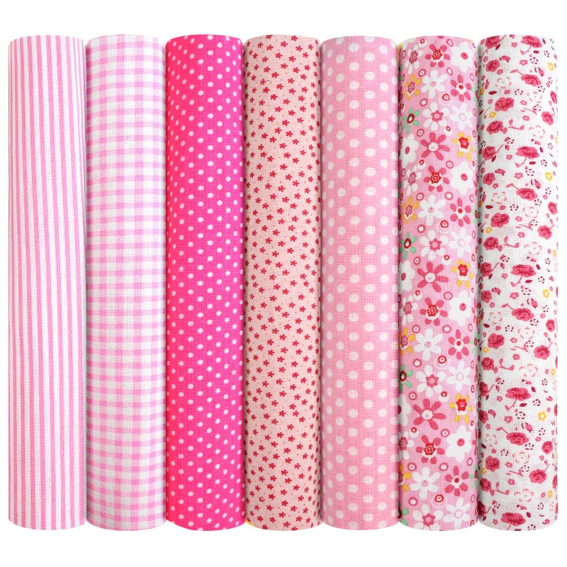 Ainiv 7pcs 100% Cotton Quilting Fabric Bundles, 19.68"x19.68" Fabric Bundles Squares, Floral Precut Squares Patchwork for Quilting, Sewing, DIY Crafts, Mask, Pink - Image 1