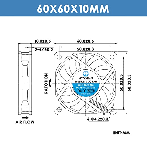 WINSINN DC 60mm Fan 12V 6010 Dual Ball Bearing Brushless Cooling 60mmx10mm 2PIN (Pack of 2Pcs) - Image 2