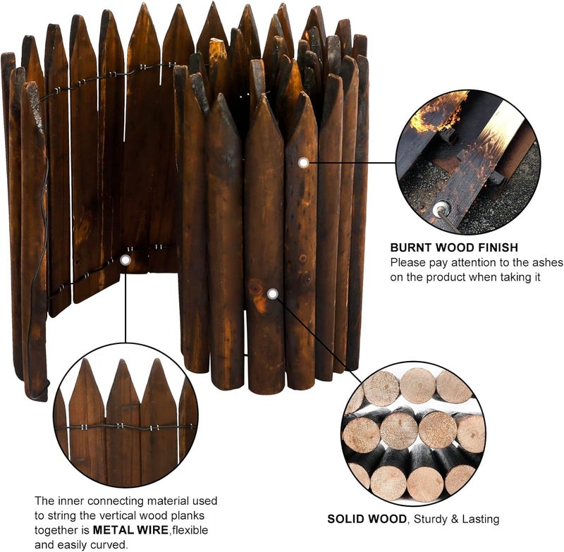 WORTH Garden Wooden Short Fence Burnt Wood Finish Outdoor Landscape Edging Flexible Decorative Border - Tree Fence - Spring Garden & Yard Maintenance - 7.9'' H x 42'' L - K619A05 - Image 3