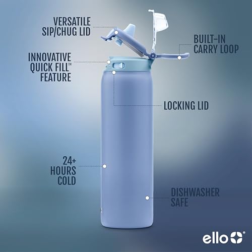 Ello Pop & Fill 22oz Stainless Steel Water Bottle with Quick Fill Technology, Double Walled and Vacuum Insulated Metal, Leak Proof Locking Lid, Sip and Chug, Reusable, BPA Free, Raincloud - Image 3