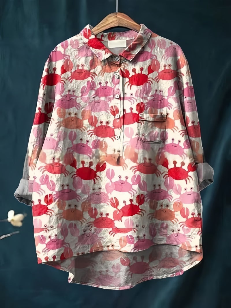 Retro Pastoral Style Cotton And Linen Printed Lapel Long-Sleeved Shirt Women'S Large Size Fashion Pullover T-Shirt - Image 1