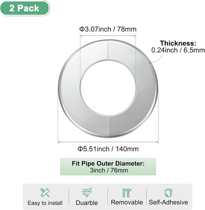 M METERXITY 2-Pack Wall Split Flange, for 3 Inch/76mm OD Pipe ABS Escutcheon Plate Round Self-Adhesive Plumbing Cover Plates for Water Pipe/Faucet [Silver Tone] - Image 3