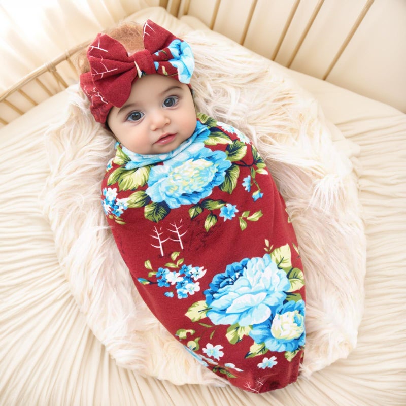 Galabloomer Newborn Receiving Blanket Headband Set Baby Flower Rose Swaddle with Big Bow (Burgundy) - Image 2
