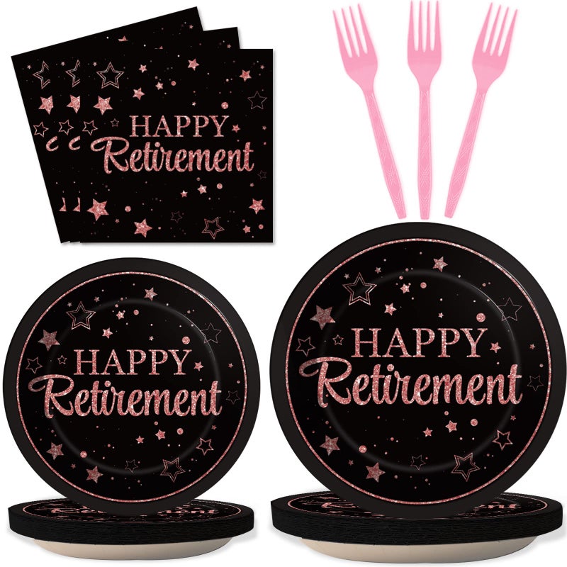 Wiooffen 96 Pcs Retirement Party Plates Napkins Tableware Set Rose Gold Happy Retirement Supplies Disposable Retired Graduation Dinnerware Decoration Favors for Women 24 Guests