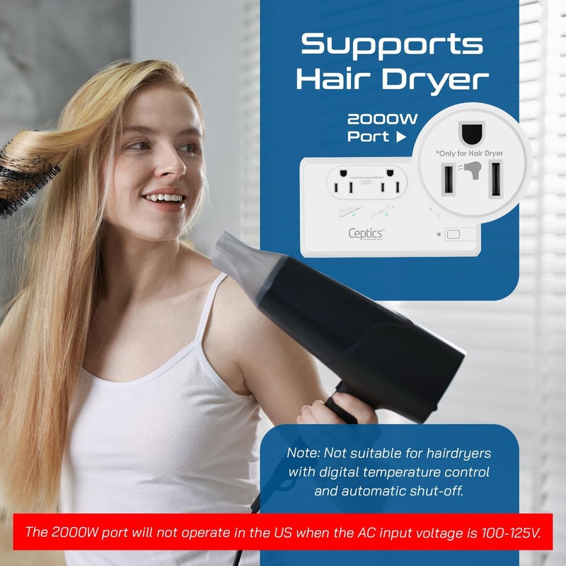 Ceptics 2000W Travel Voltage Converter for Hair Dryer & 200W Convert 220V to 110V for Curling Iron, Straightener, Chargers, Step Down World Power 4 USB Charging QC 3.0 SWadApt Type A, B, C, E/F, G, I - Image 4