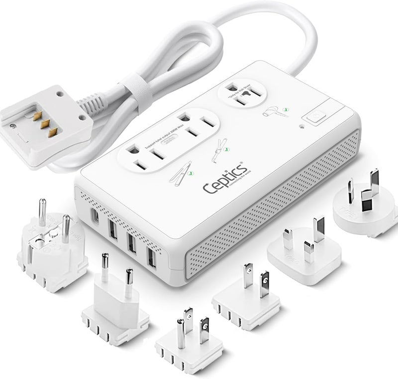 Ceptics 2000W Travel Voltage Converter for Hair Dryer & 200W Convert 220V to 110V for Curling Iron, Straightener, Chargers, Step Down World Power 4 USB Charging QC 3.0 SWadApt Type A, B, C, E/F, G, I - Image 1