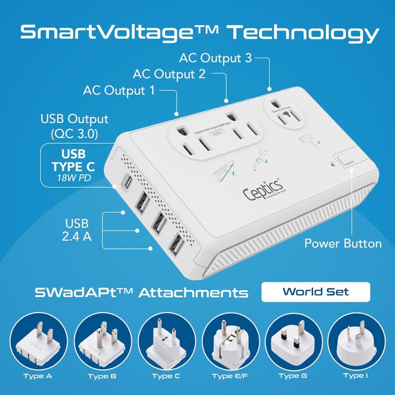 Ceptics 2000W Travel Voltage Converter for Hair Dryer & 200W Convert 220V to 110V for Curling Iron, Straightener, Chargers, Step Down World Power 4 USB Charging QC 3.0 SWadApt Type A, B, C, E/F, G, I - Image 2