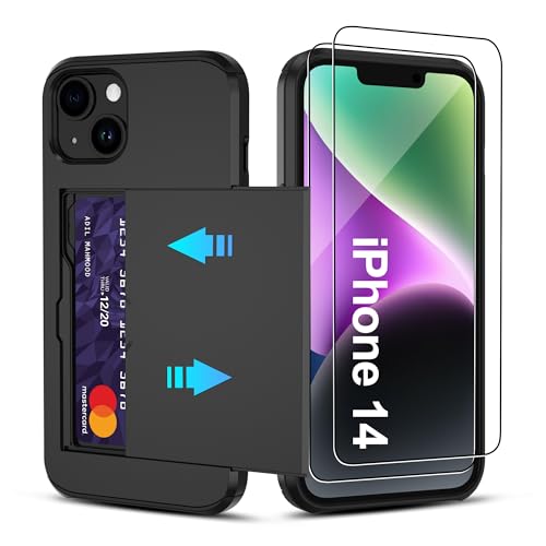 Pilaru for iPhone 14 Case with Card Holder【2 Pcs HD Screen Protector】 i Phone 14 Case Slim Heavy Duty Dual Layer Shockproof Design【Hidden Card Slot 】 Wallet Case for iPhone 14 Phone Case -Black - Image 1