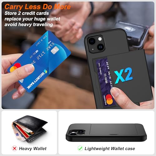 Pilaru for iPhone 14 Case with Card Holder【2 Pcs HD Screen Protector】 i Phone 14 Case Slim Heavy Duty Dual Layer Shockproof Design【Hidden Card Slot 】 Wallet Case for iPhone 14 Phone Case -Black - Image 2