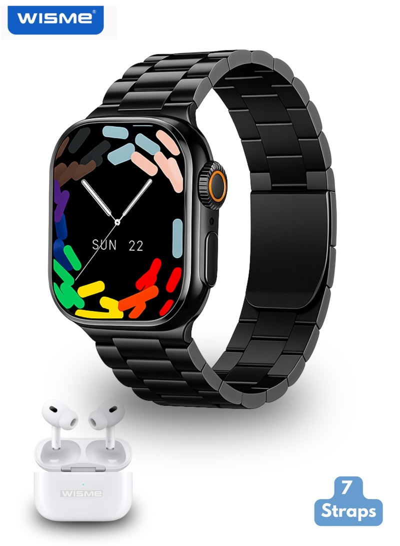 Wisme WS-83 Max Smart Watch 7+2 Gift Pack with Wireless Earbuds, Bluetooth Calling, 1 Metal Strap & 6 Silicone Straps, HD Touch Display, Health & Fitness Monitor, Heart Rate & Blood Oxygen Tracker, Multi Sports Modes, Smart Notifications, Compatible with Android & iPhone – Black - Image 1