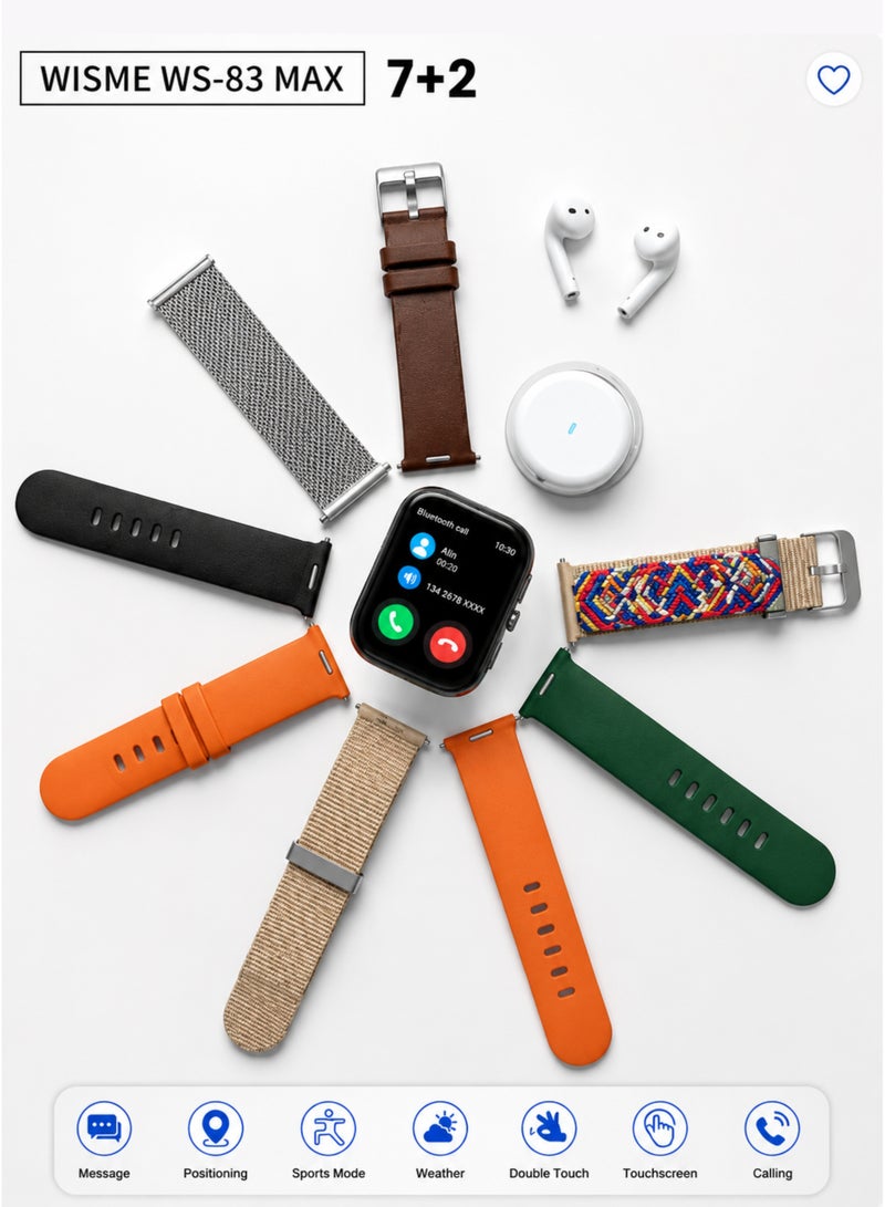 Wisme WS-83 Max Smart Watch 7+2 Gift Pack with Wireless Earbuds, Bluetooth Calling, 1 Metal Strap & 6 Silicone Straps, HD Touch Display, Health & Fitness Monitor, Heart Rate & Blood Oxygen Tracker, Multi Sports Modes, Smart Notifications, Compatible with Android & iPhone – Black - Image 2