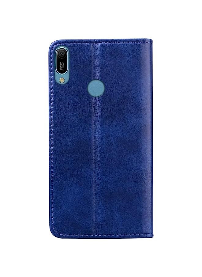 HuHa - HuHa Case Cover Compatible For Huawei Y6 2019 Business Stitching Horizontal Flip Leather Case with Double Folding & Bracket & Card Slots & Photo Frame & Wallet Sapphire Blue - Image 1