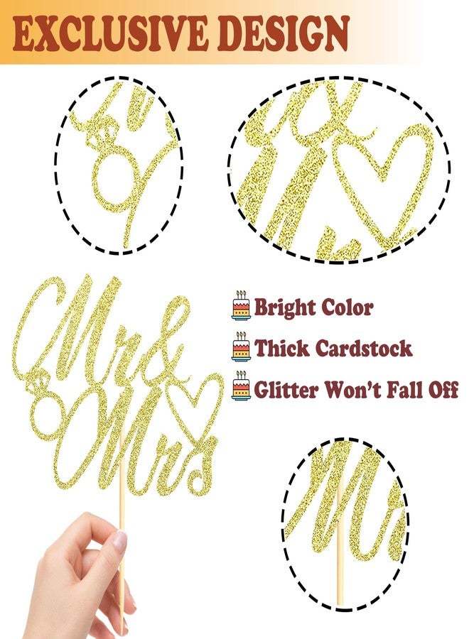 Sotpot 1PC MR & Mrs Cake Topper, Gold Glitter Wedding Cake Decorations for Engagement, Anniversary, Bridal Shower, Romantic Celebration Supplies - Image 3