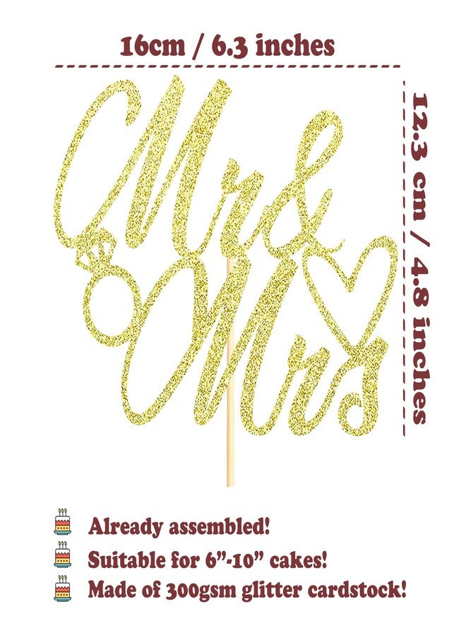 Sotpot 1PC MR & Mrs Cake Topper, Gold Glitter Wedding Cake Decorations for Engagement, Anniversary, Bridal Shower, Romantic Celebration Supplies - Image 2