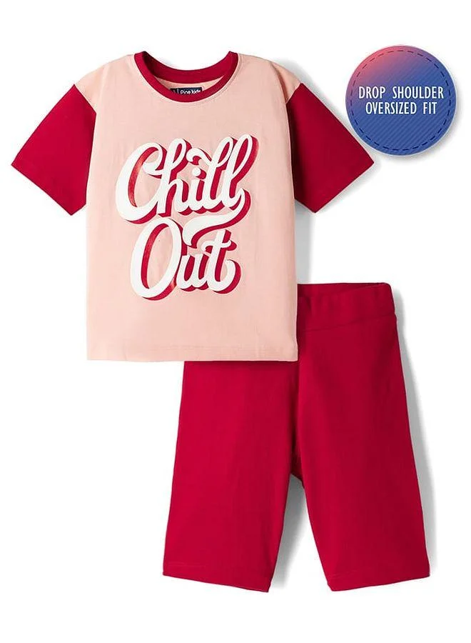 Pine Kids Pine Kids Cotton Knit Chill Out Printed Drop Shoulder Oversized Half Sleeves T-Shirt and Shorts Set - Red