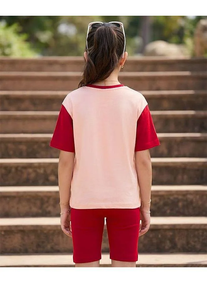 Pine Kids Pine Kids Cotton Knit Chill Out Printed Drop Shoulder Oversized Half Sleeves T-Shirt and Shorts Set - Red