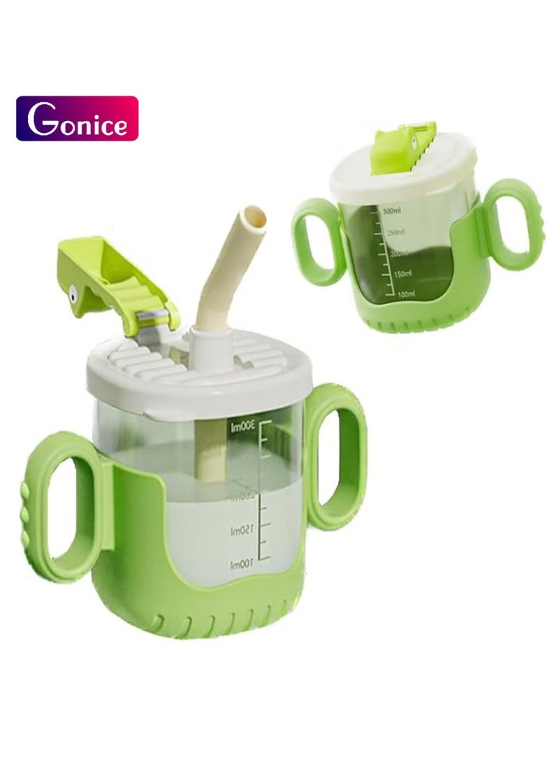 Gonice Straw Cup, Microwave Heatable with Scale, 300ML Training Toddler Water Cup, Straw Cup with Straw and Handle, with Spill-Proof Silicone Drinking Hole, Leak-proof and BPA-Free (Green) - Image 1