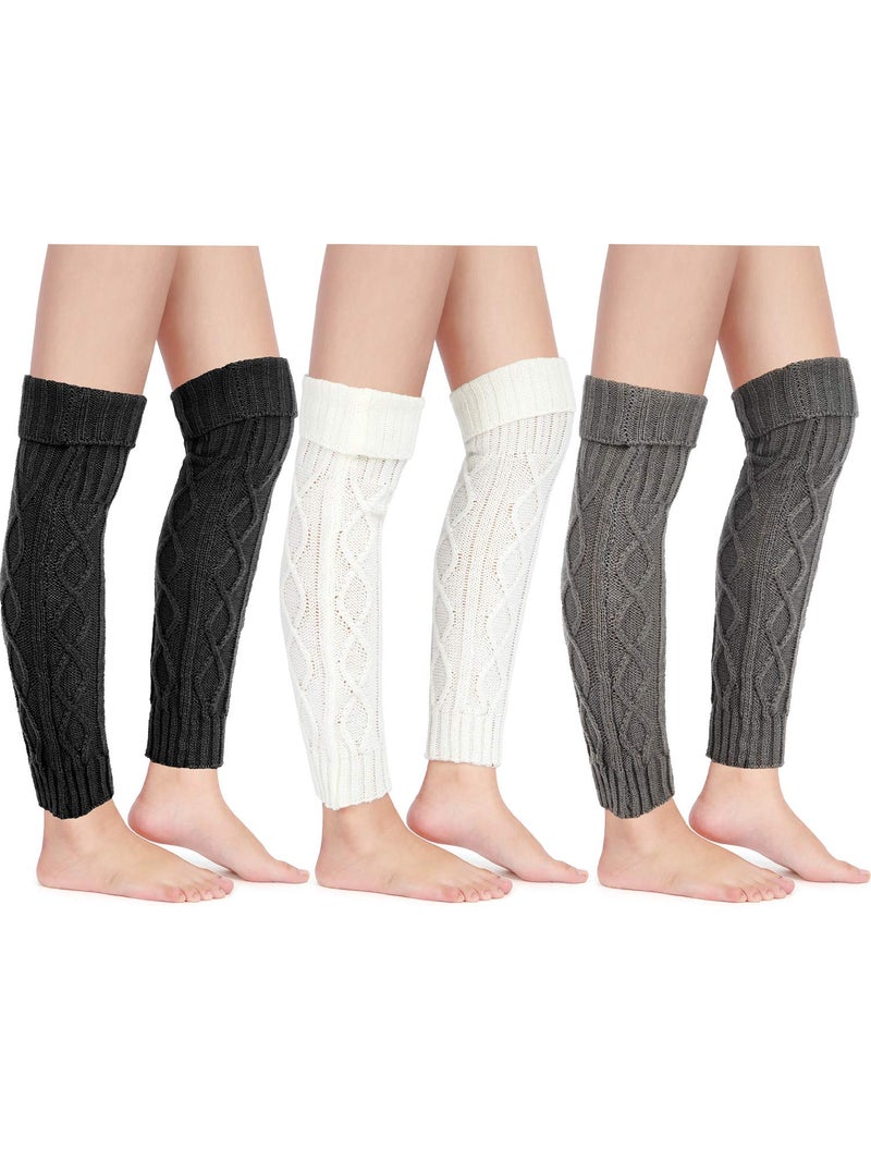 SATINIOR 3 Pairs Womens Cable Knit Leg Warmers Y2k Japanese Style Leg Warmers for 80s Party Skating Yoga DanceWhite Light Gray Black - Image 2