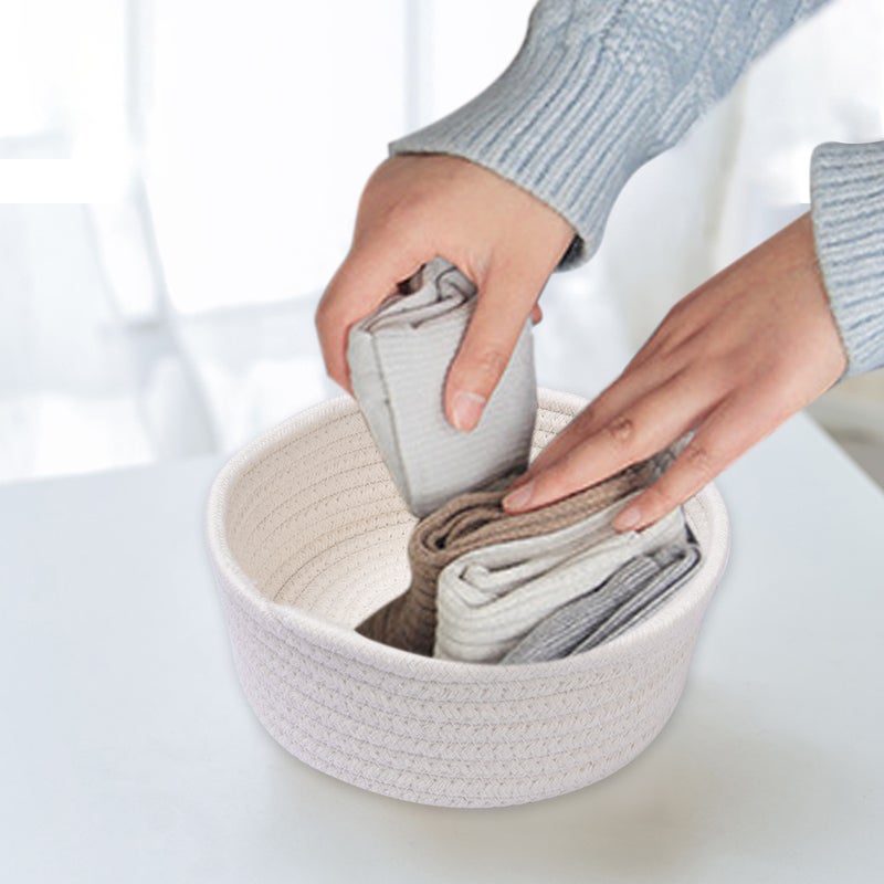 3pcs Handmade Cotton Knitting Thread Woven Basket Table Bed Storage Box (White) - Image 4
