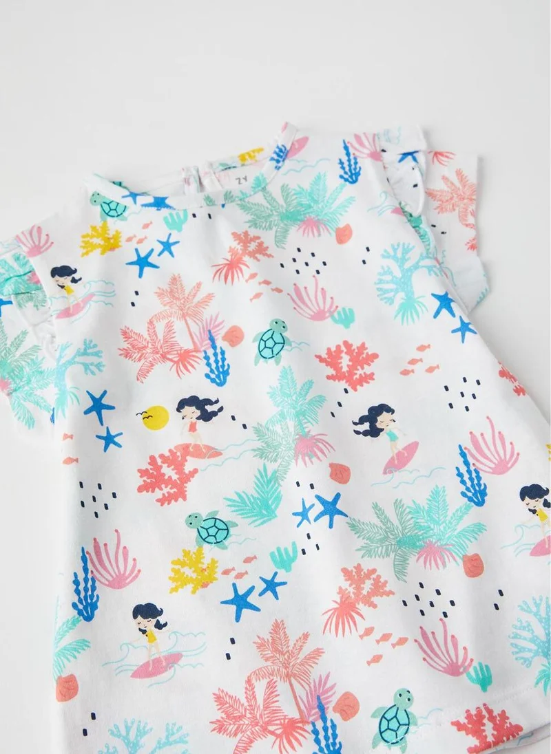 زيبي Printed T-Shirt for Baby Girls 'Tropical', White