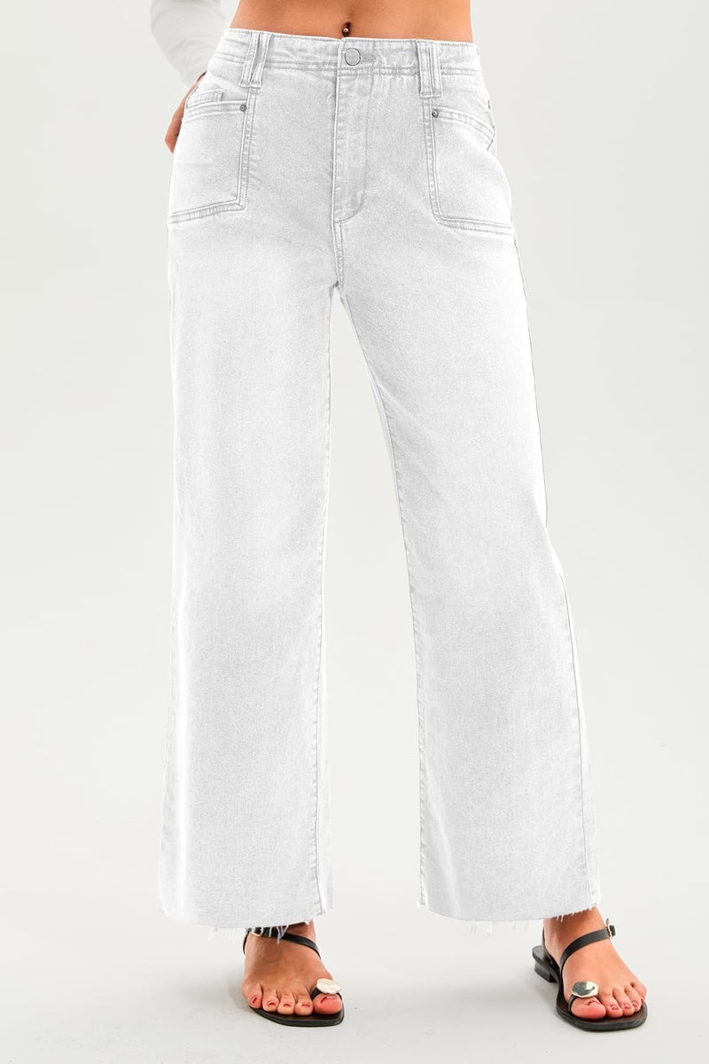 Cicy Bell Womens High Waisted Cropped Jeans Trendy Stretchy Baggy Straight Leg Raw Hem Capri Denim Pants White - Image 5