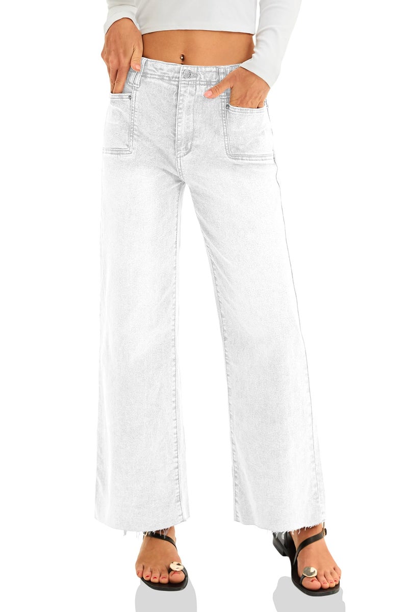 Cicy Bell Womens High Waisted Cropped Jeans Trendy Stretchy Baggy Straight Leg Raw Hem Capri Denim Pants White - Image 4