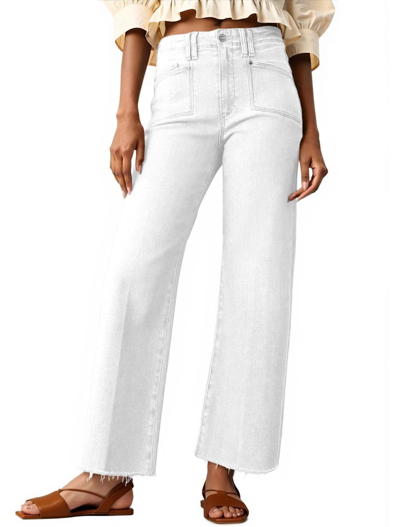 Cicy Bell Womens High Waisted Cropped Jeans Trendy Stretchy Baggy Straight Leg Raw Hem Capri Denim Pants White - Image 1