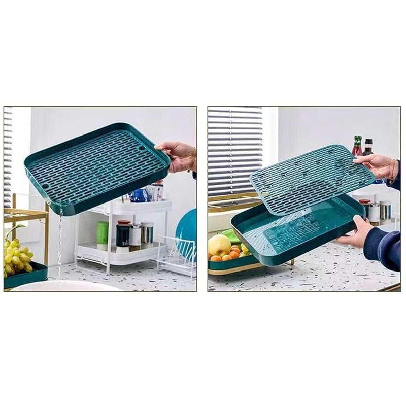 Dhadh 2 Tier Kitchen Storage Organizer ShelfTableware Fruit Storage Rack with Drain TrayCups Mugs Drying Rack for Coffee Glass Cup Green - Image 5