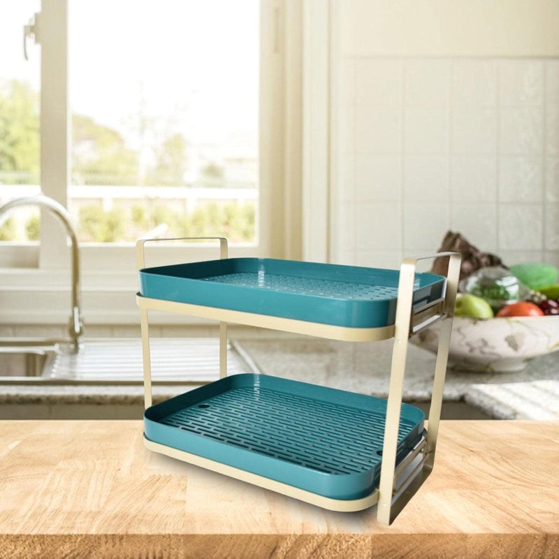 Dhadh 2 Tier Kitchen Storage Organizer ShelfTableware Fruit Storage Rack with Drain TrayCups Mugs Drying Rack for Coffee Glass Cup Green - Image 1