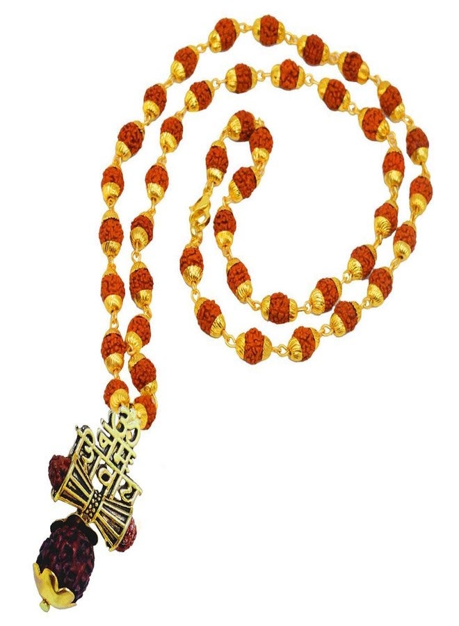 M Men Style Religious Jewellery Lord Shiv Om Namah Shivay Locket With Rudraksha Mala Gold-plated Brown, Brass, Wood Stainless Steel Pendant Necklace Chain SujalPn202083 - Image 2