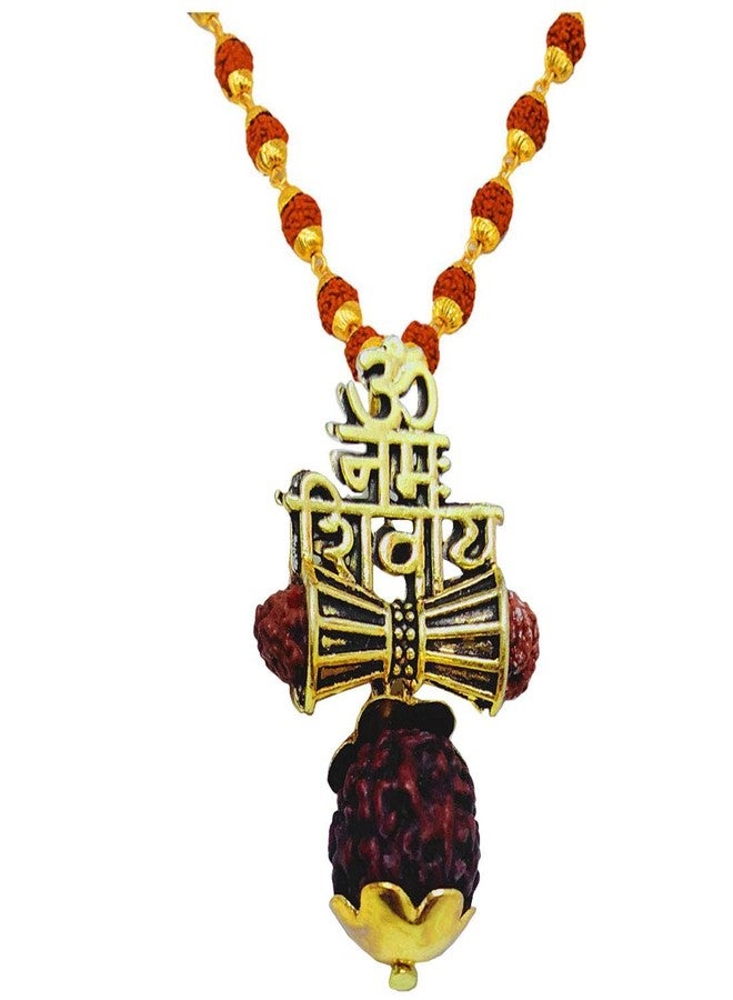 M Men Style Religious Jewellery Lord Shiv Om Namah Shivay Locket With Rudraksha Mala Gold-plated Brown, Brass, Wood Stainless Steel Pendant Necklace Chain SujalPn202083 - Image 1