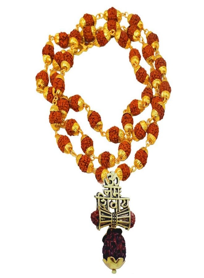 M Men Style Religious Jewellery Lord Shiv Om Namah Shivay Locket With Rudraksha Mala Gold-plated Brown, Brass, Wood Stainless Steel Pendant Necklace Chain SujalPn202083 - Image 3