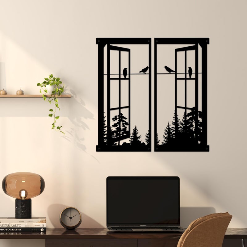 Resama Metal Wall Art Birds In the Window Landscape Wall Hanger,Mountain and Forest Nature Metal Wall Decor,Unique Large Wall Decor, Ä°nterior Design Housewarming Gift (Black, Large) - Image 2