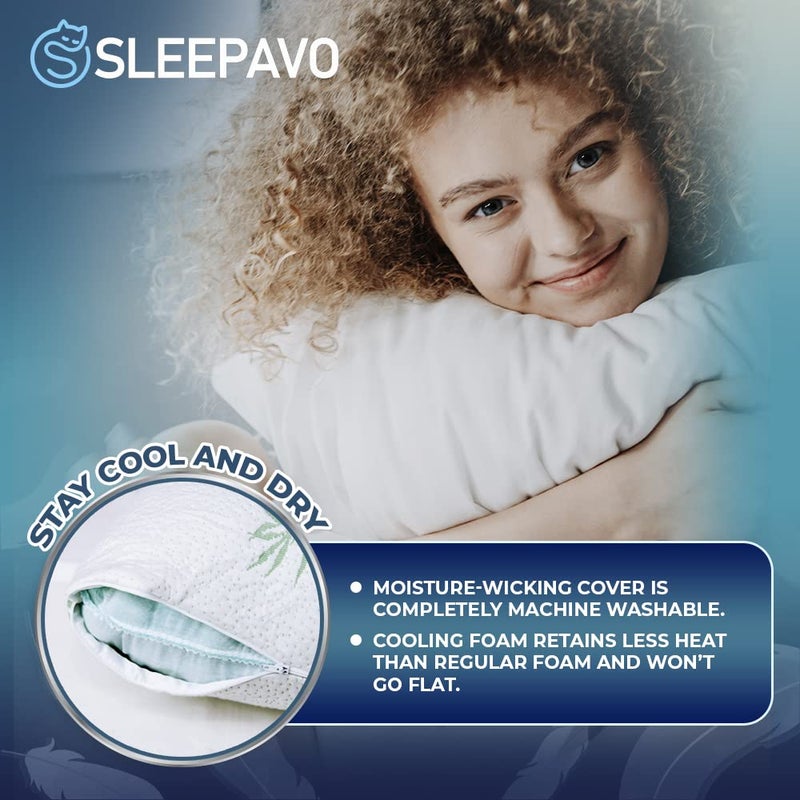 Sleepavo Memory Foam Pillows Queen Size Set of 2 - Cooling Bed Pillows for Sleeping - Back, Stomach, Side Sleeper Firm, Comfy Cool Shredded - 2 Pack, Rayon Derived from Bamboo - Image 2