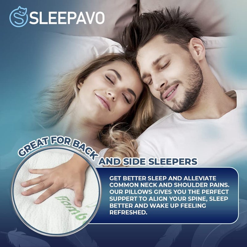 Sleepavo Memory Foam Pillows Queen Size Set of 2 - Cooling Bed Pillows for Sleeping - Back, Stomach, Side Sleeper Firm, Comfy Cool Shredded - 2 Pack, Rayon Derived from Bamboo - Image 3