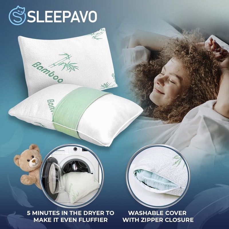 Sleepavo Memory Foam Pillows Queen Size Set of 2 - Cooling Bed Pillows for Sleeping - Back, Stomach, Side Sleeper Firm, Comfy Cool Shredded - 2 Pack, Rayon Derived from Bamboo - Image 5