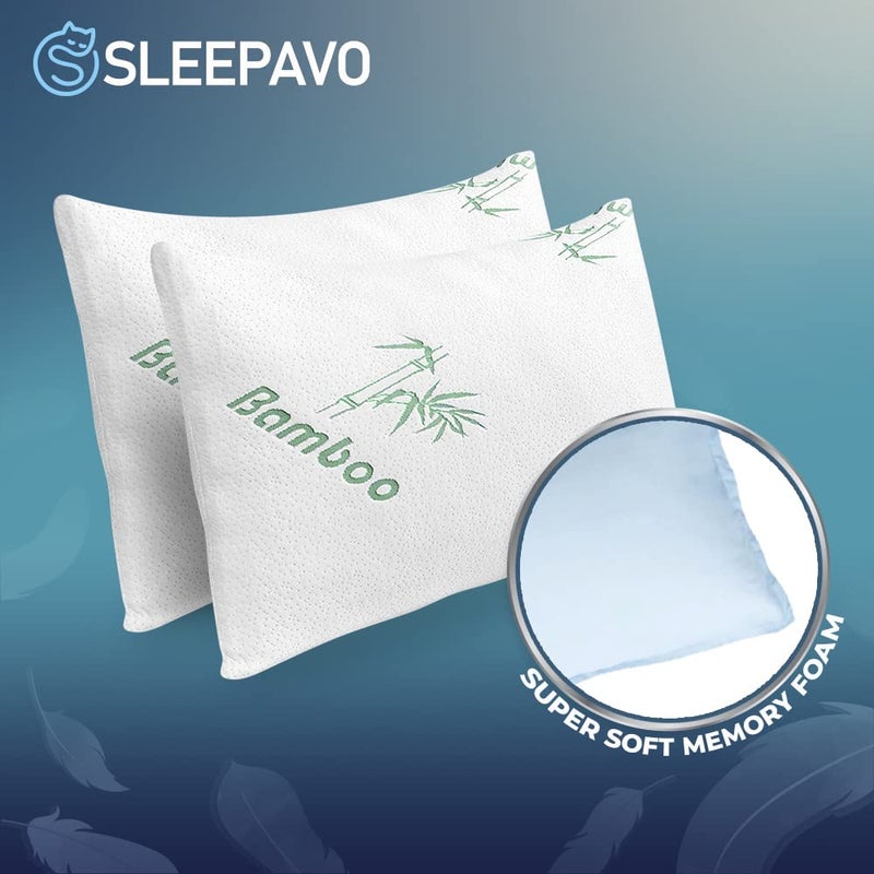 Sleepavo Memory Foam Pillows Queen Size Set of 2 - Cooling Bed Pillows for Sleeping - Back, Stomach, Side Sleeper Firm, Comfy Cool Shredded - 2 Pack, Rayon Derived from Bamboo - Image 4