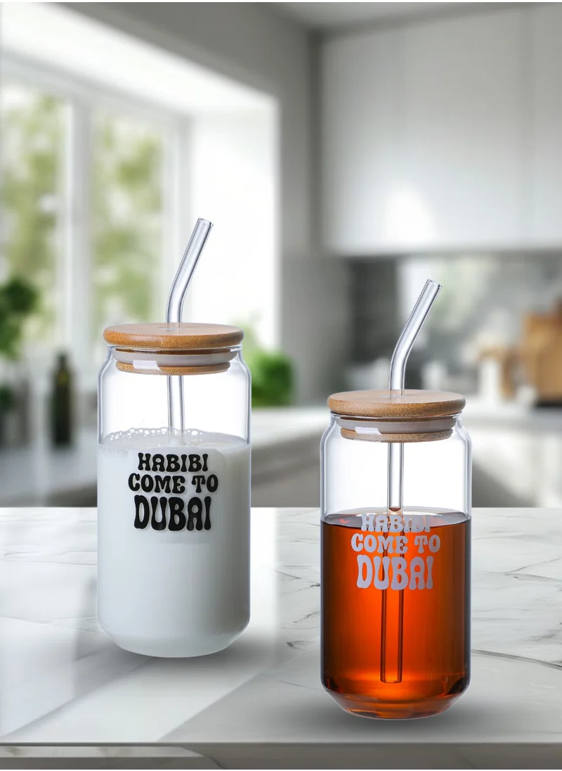 1Chase “Habibi Come to Dubai” Borosilicate Sipper Glasses – Set of 2, 550ML Can-Shaped Glasses with Bamboo Lids & Glass Straws