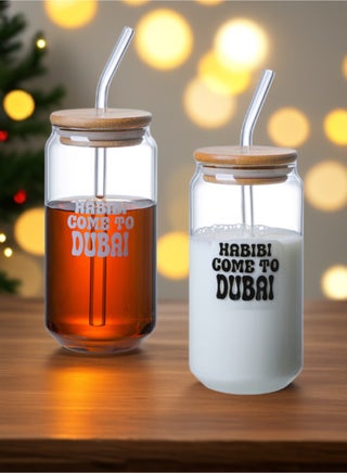 “Habibi Come to Dubai” Borosilicate Sipper Glasses – Set of 2, 550ML Can-Shaped Glasses with Bamboo Lids & Glass Straws - pzsku/Z57AFF582304211876FF6Z/45/1750499090/1d8f9b6f-ad52-4926-bf70-088870b834d6