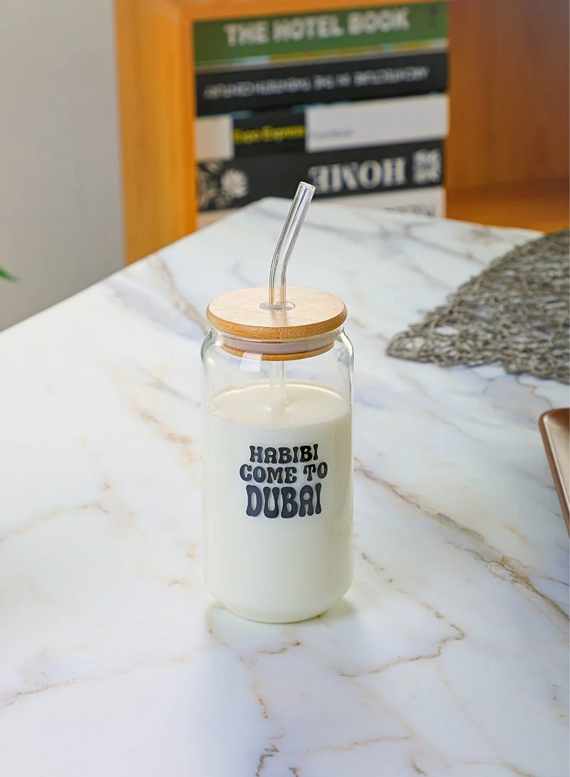 1Chase “Habibi Come to Dubai” Borosilicate Sipper Glasses – Set of 2, 550ML Can-Shaped Glasses with Bamboo Lids & Glass Straws