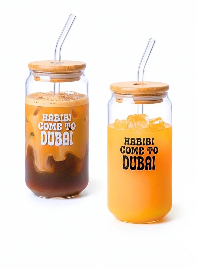 1Chase “Habibi Come to Dubai” Borosilicate Sipper Glasses – Set of 2, 550ML Can-Shaped Glasses with Bamboo Lids & Glass Straws